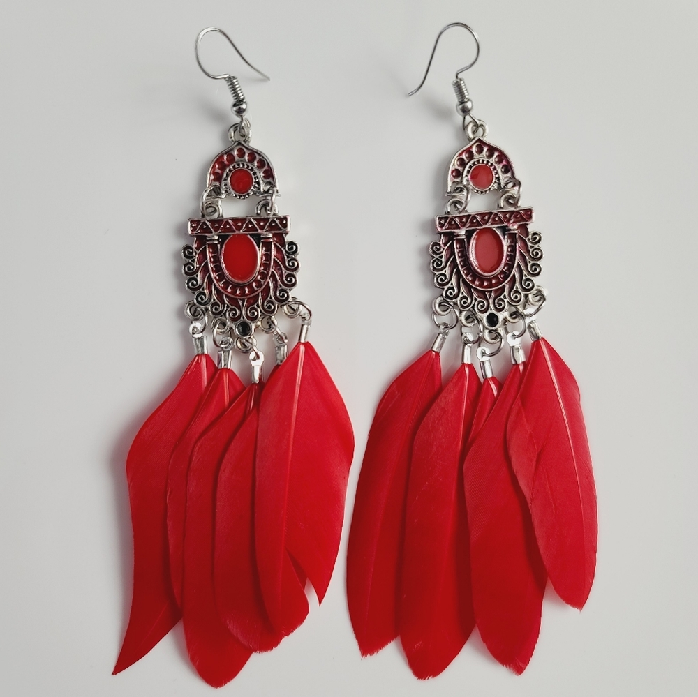 Elegant Red Feather Tassel Earrings French Hooks